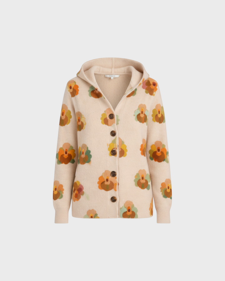 Luna Moda beige knit cardigan featuring a hood and a vibrant orange and green floral pattern with button-up front.