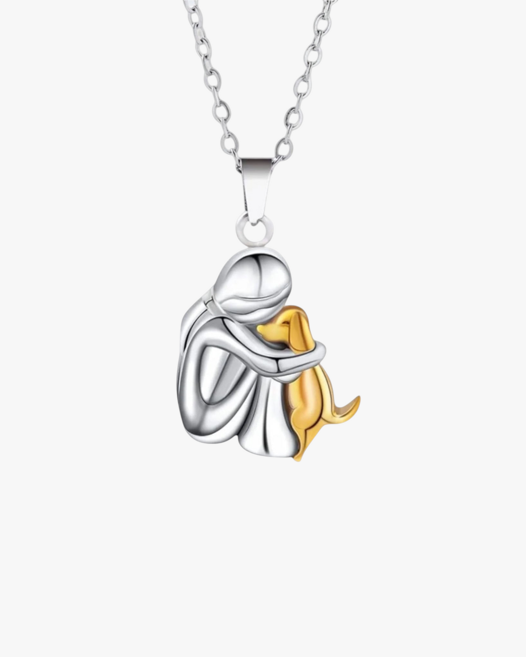 Luna Moda two-tone silver and gold dog hug pendant necklace representing the bond between a person and their dog.