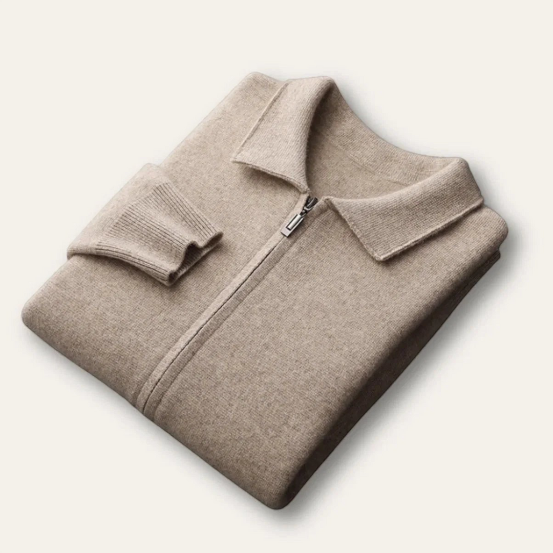 Luna Moda Riccardo beige wool and nylon blend polo collar cardigan folded neatly