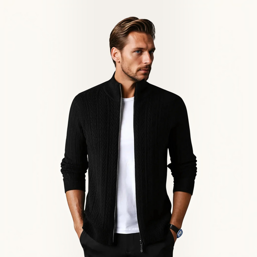 Luna Moda black pure wool zip-up sweater with textured ribbed detailing worn by a man over a white t-shirt