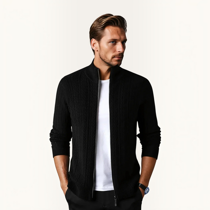 Luna Moda black pure wool zip-up sweater with textured ribbed detailing worn by a man over a white t-shirt