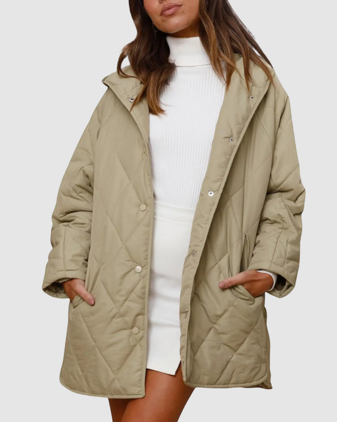 CRISTIANA, cappotto trapuntato con cappuccio, indossato – Luna Moda