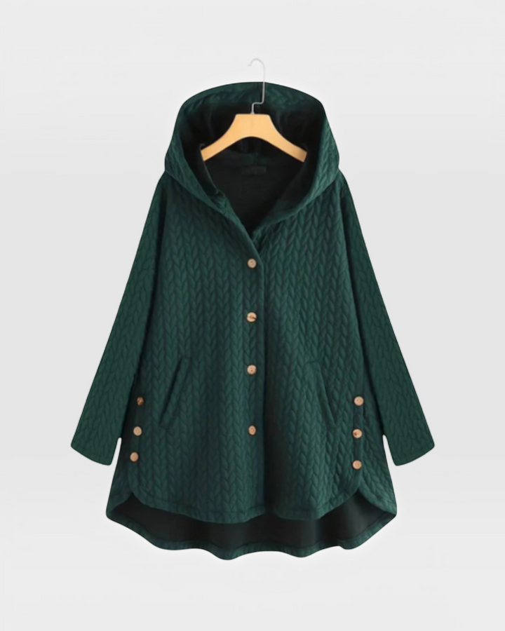 Luna Moda dark green quilted hooded jacket with decorative side buttons and a loose, comfortable fit.
