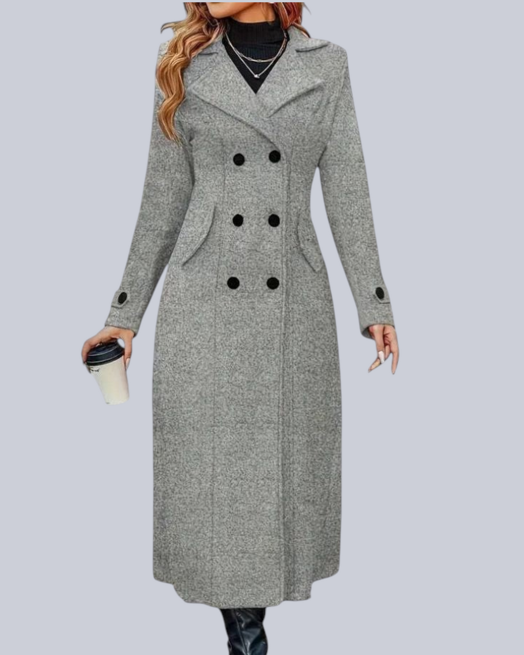 Luna Moda Rita grey double-breasted long coat with structured fit and black buttons worn by a woman