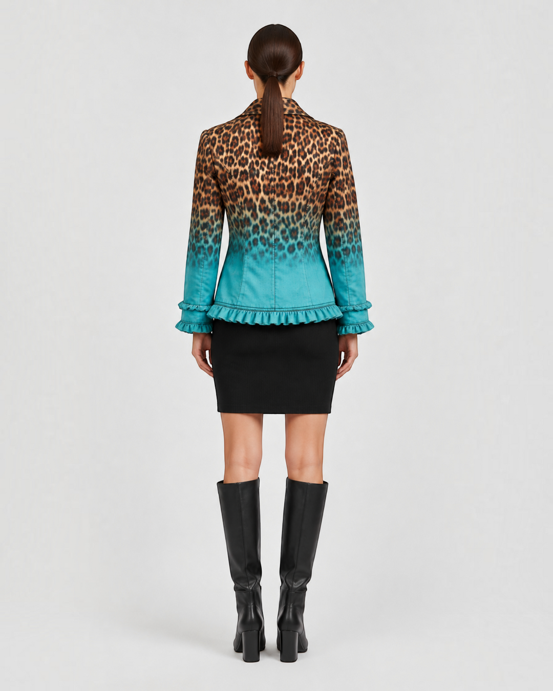 Back view of Luna Moda Emma blazer featuring a leopard ombre print in brown and turquoise with ruffled hem and cuffs.
