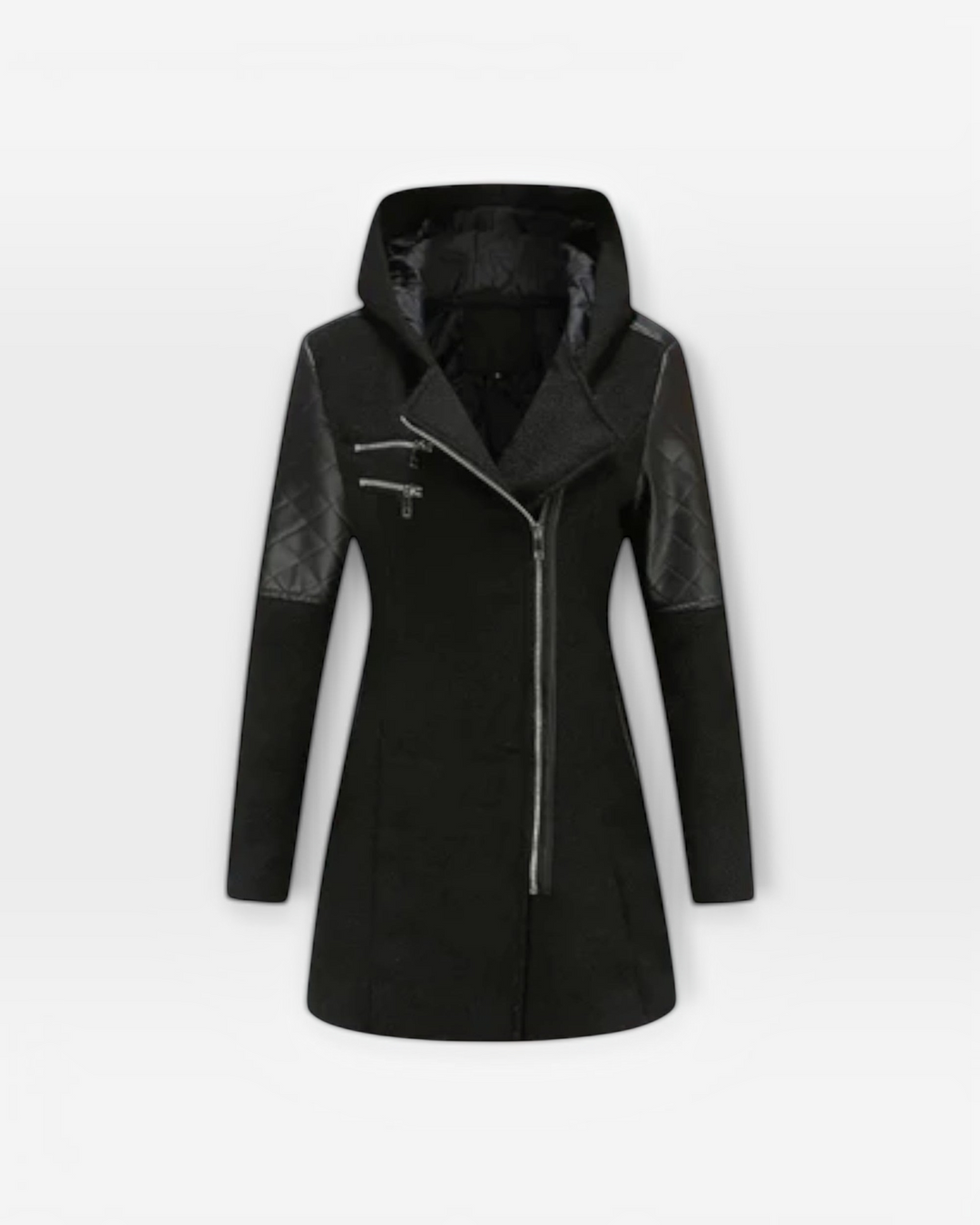 Luna Moda Sibilla black winter coat with an asymmetrical zip, hooded design, and quilted faux leather sleeve details.