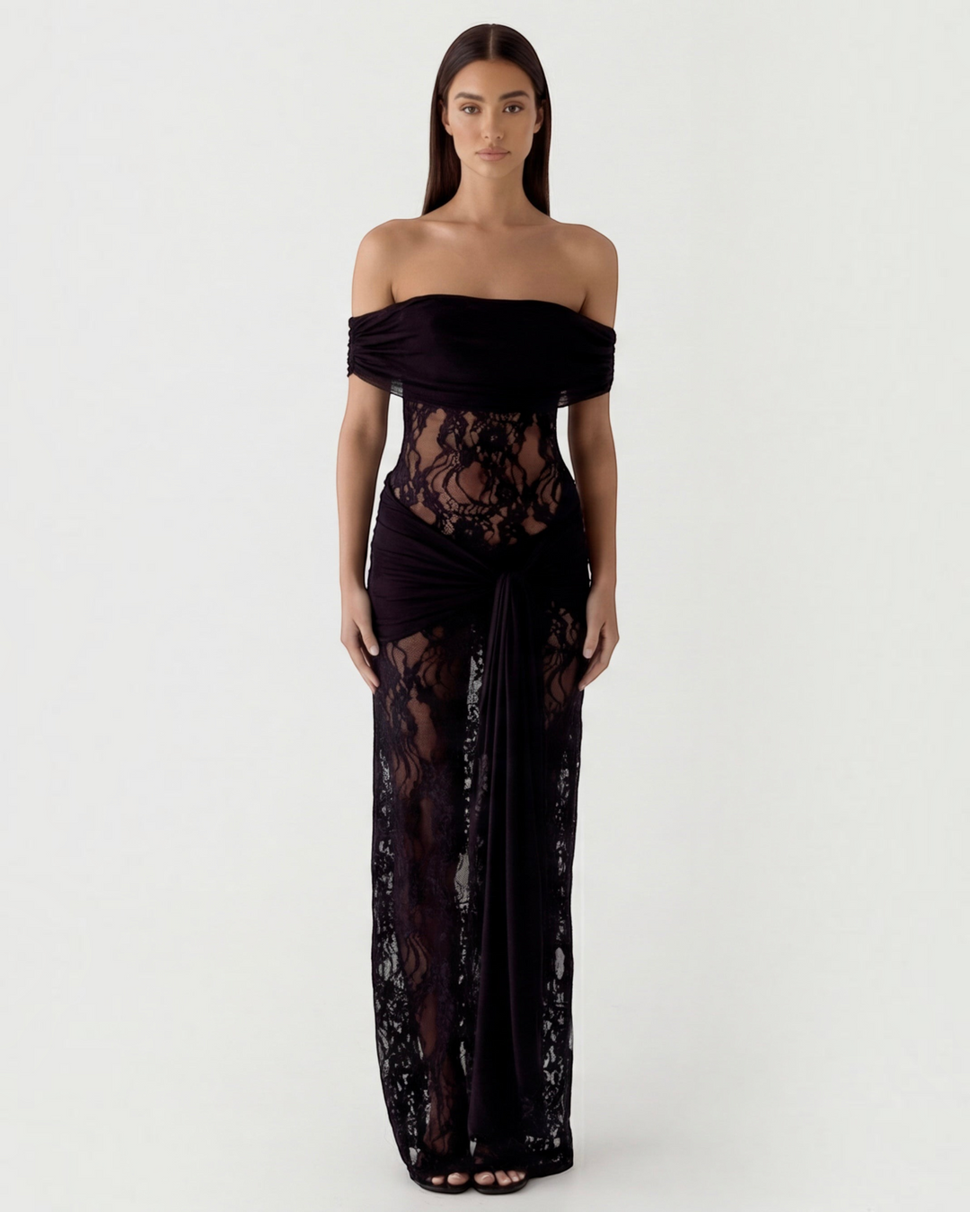 Luna Moda black off-the-shoulder maxi dress with sheer lace panels and a draped waist for a slim silhouette.