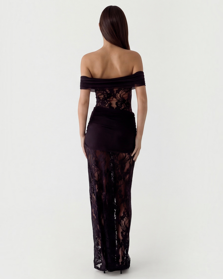 Luna Moda black off-the-shoulder lace maxi dress with sheer panels and draped waist, back view on a model