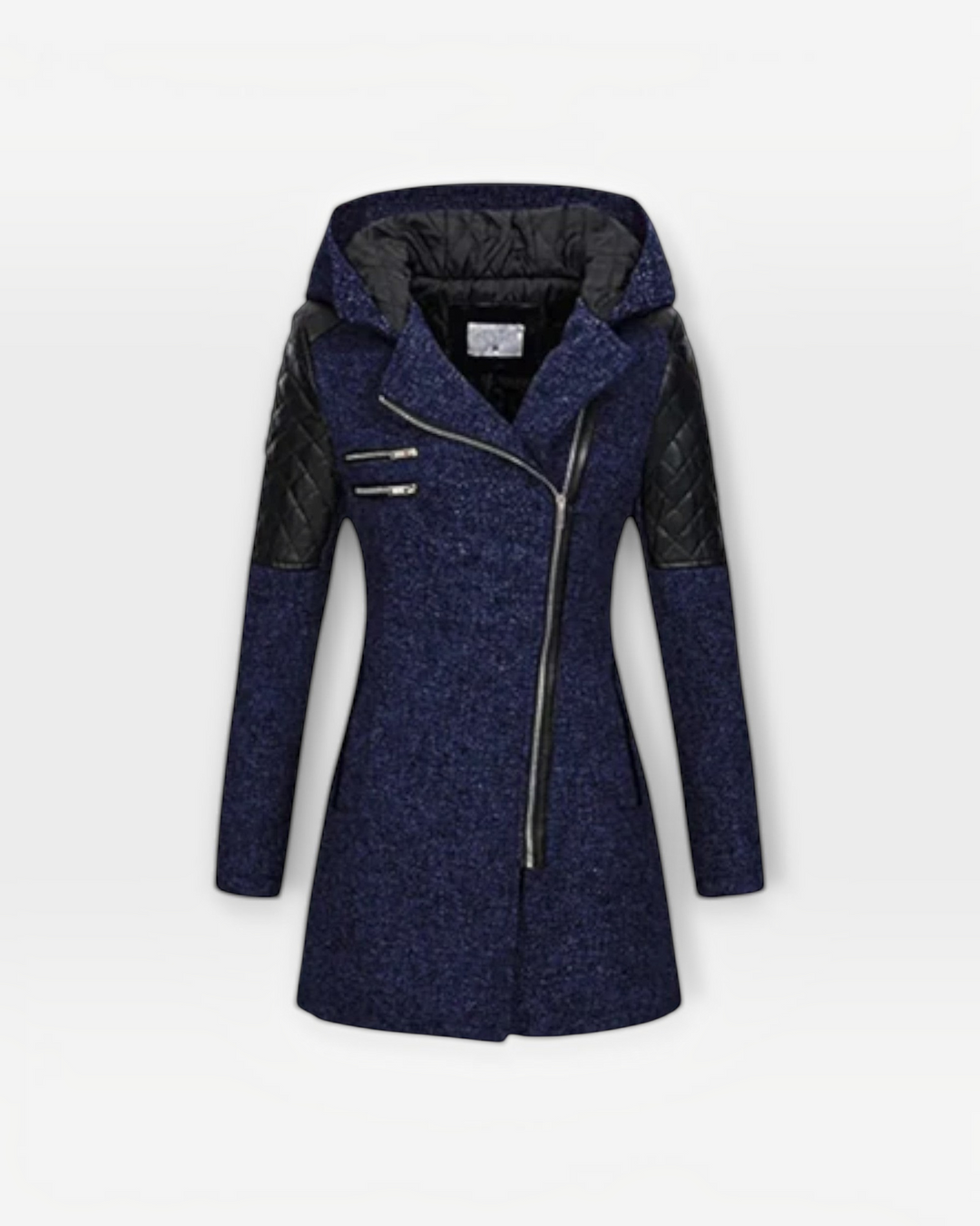 Luna Moda Sibilla winter jacket in navy blue with black quilted faux leather sleeves and an asymmetric zip closure.