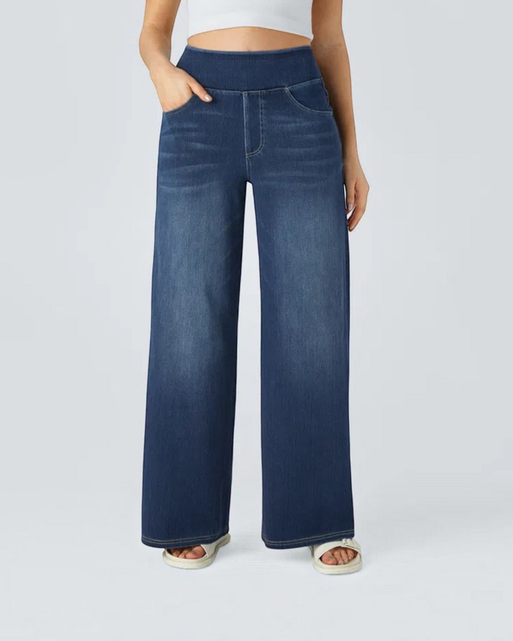 Luna Moda high-waisted wide-leg stretch denim jeans in dark blue with a smooth pull-on waistband