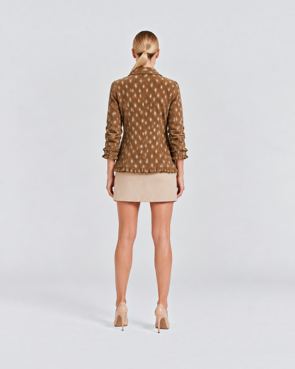 Luna Moda Simonetta brown jacket with deer-inspired pattern, lace trim, and collar, worn by a model from the back.