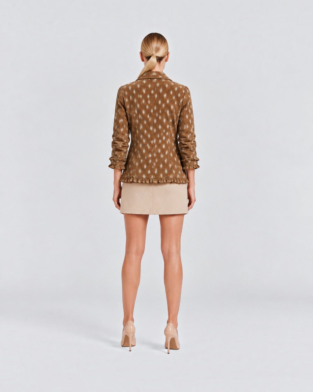 Luna Moda Simonetta brown jacket with deer-inspired pattern, lace trim, and collar, worn by a model from the back.