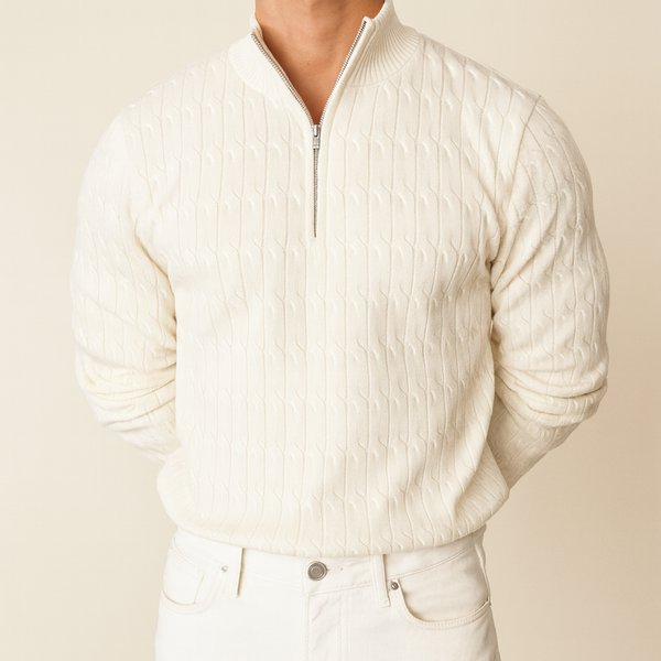 DAVIDE – Maglione a treccia ondulata con mezza zip e collo alto