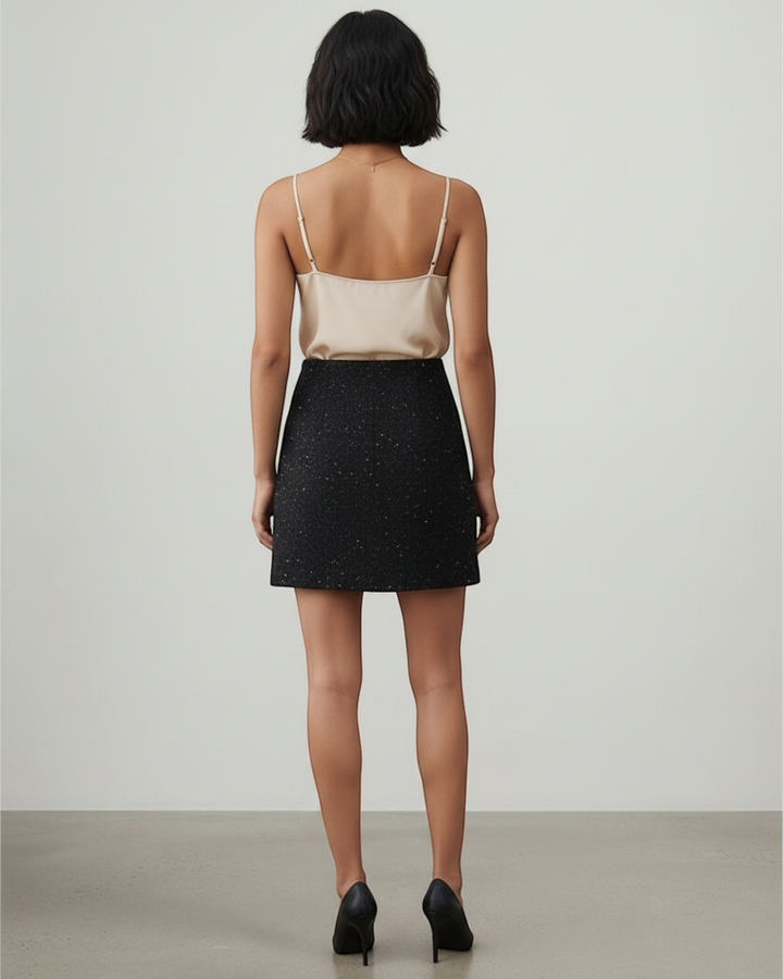 Luna Moda Tasha black textured mini skirt with subtle shimmer, back view on a model wearing a beige camisole