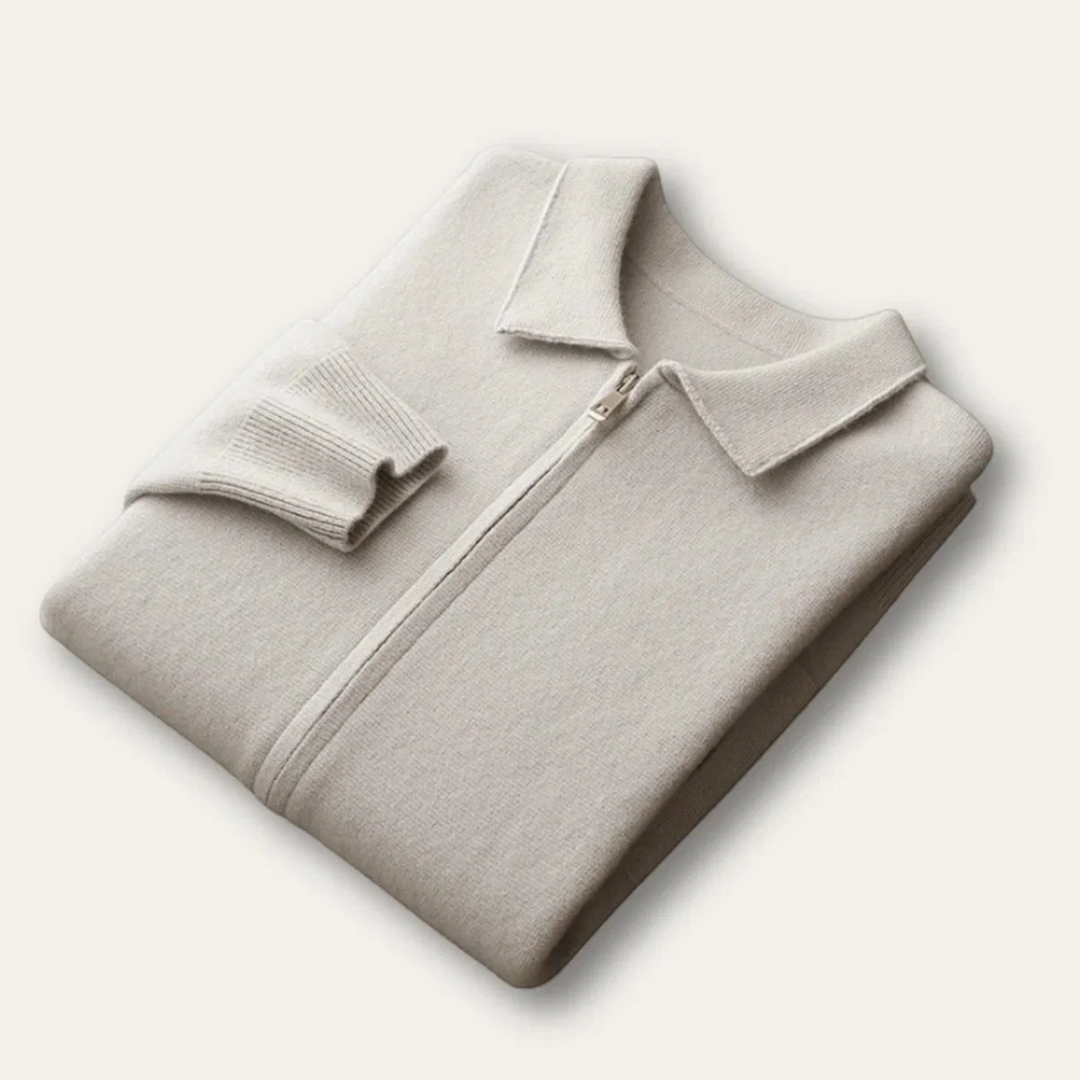 Luna Moda beige wool and nylon blend polo collar cardigan with a front zip closure, folded neatly.