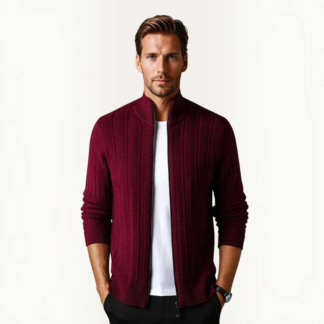 Luna Moda burgundy 100% wool zip-up sweater featuring a textured ribbed pattern worn by a man.