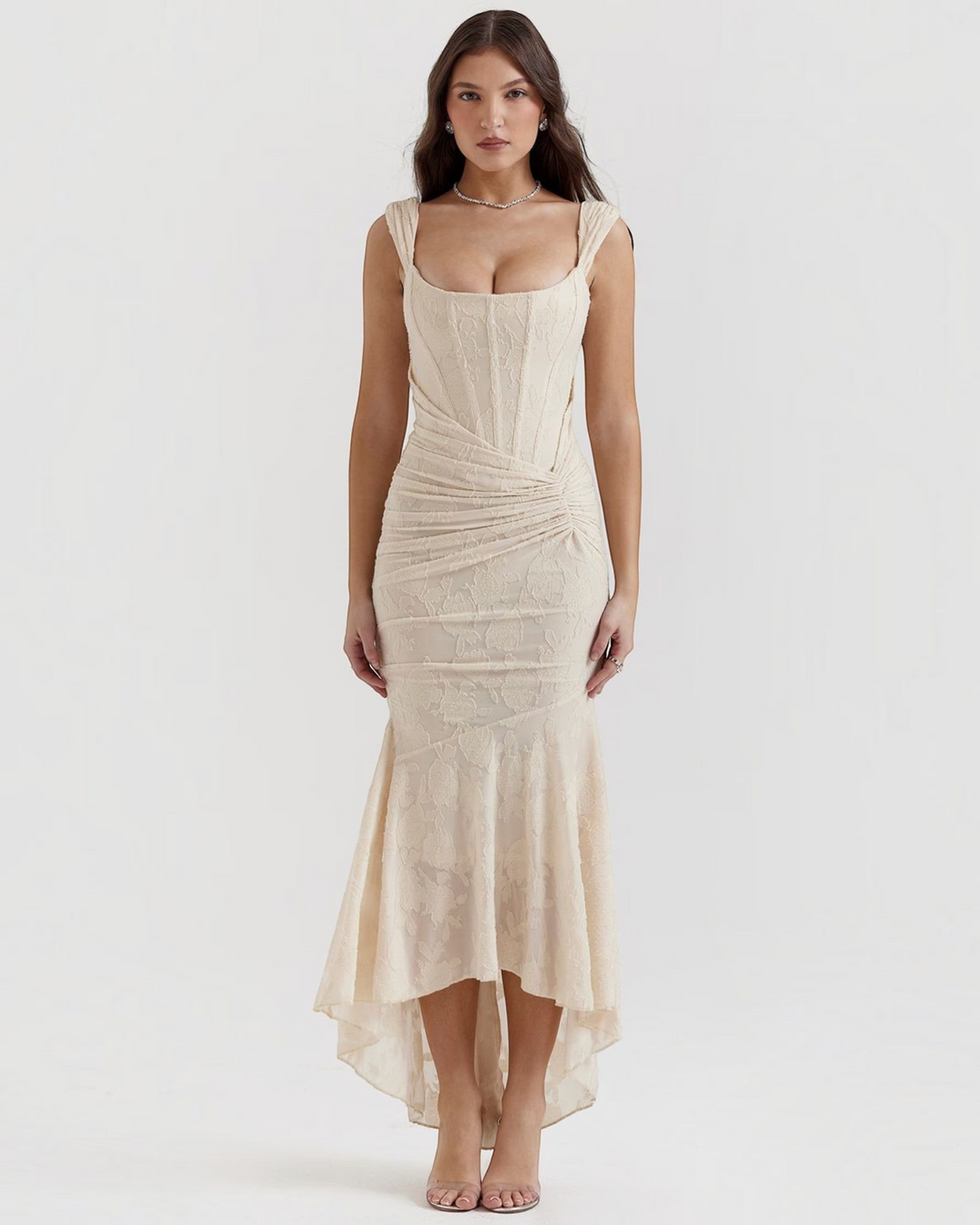 Luna Moda Katerina cream floral midi dress with corset bodice, ruched waist, and high-low hem for formal events.