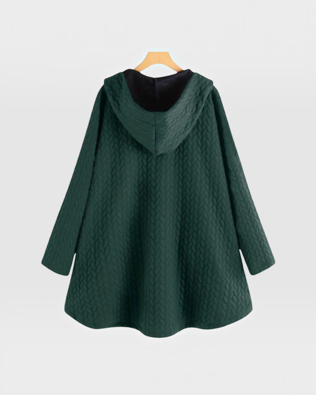 Luna Moda dark green quilted hooded jacket with a loose fit and decorative side buttons, back view.