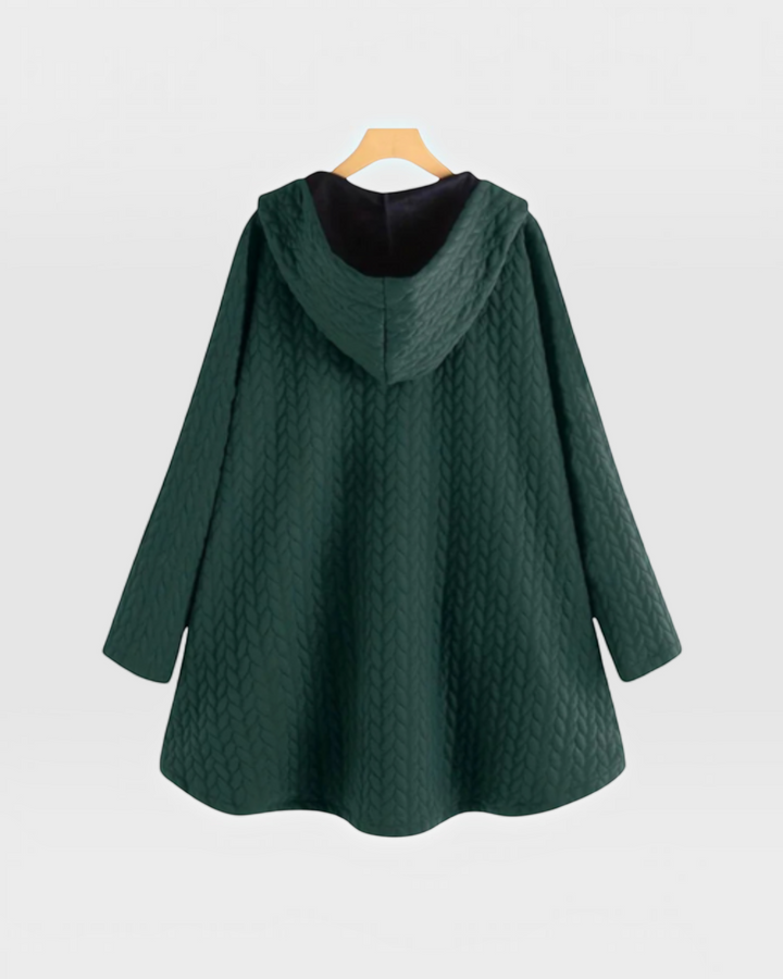 Luna Moda dark green quilted hooded jacket with a loose fit and decorative side buttons, back view.