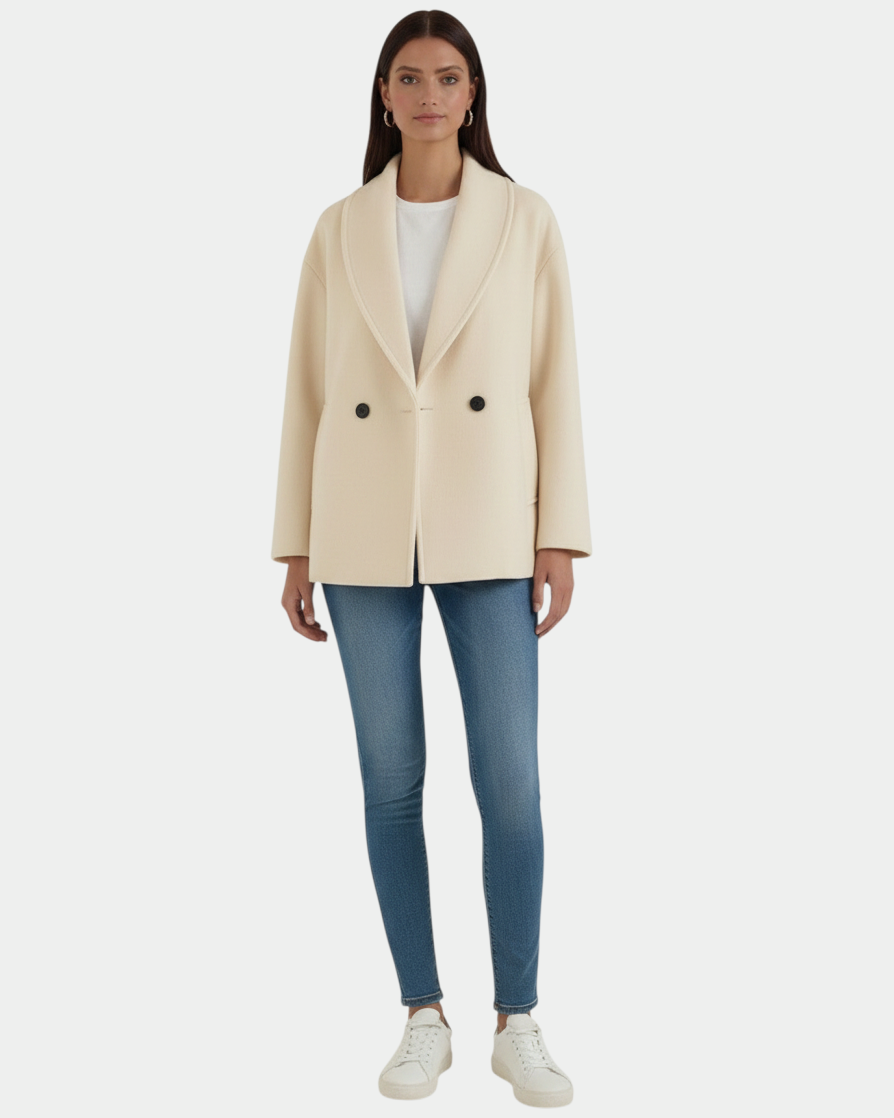 Model wearing a Luna Moda cream oversized double-breasted coat with wide lapels, paired with blue jeans and sneakers.