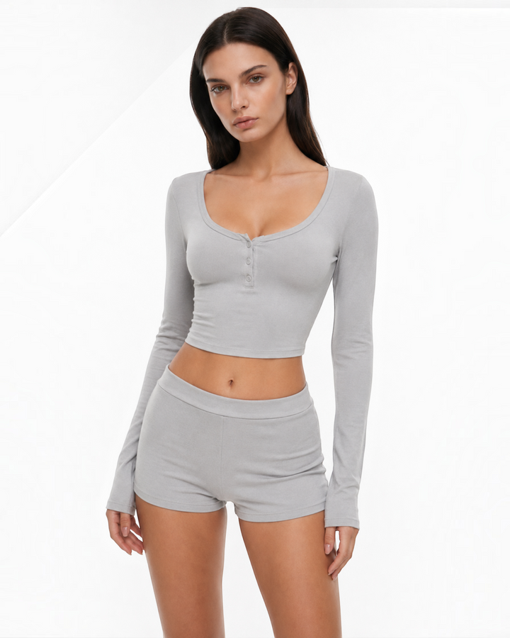 Luna Moda grey ultra-soft long sleeve Henley crop top and matching mid-rise shorts set on a model