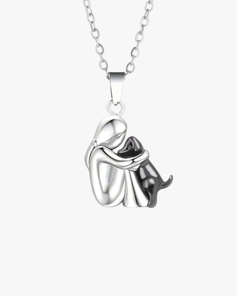 Luna Moda two-tone silver and dark grey dog hug pendant necklace representing the bond between human and pet