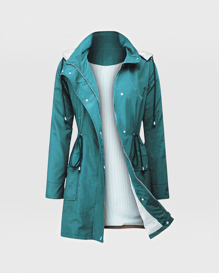 Luna Moda Olimpia lightweight teal jacket with hood, adjustable waist drawstring, and striped interior lining