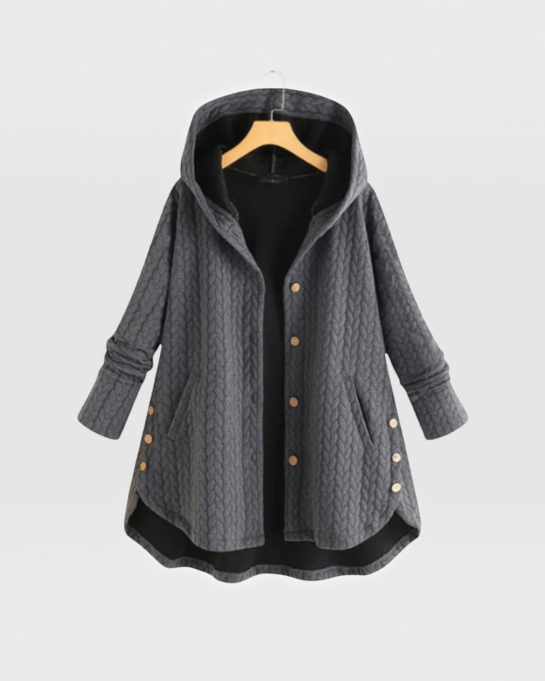 Luna Moda grey quilted hooded jacket with decorative buttons and a loose, comfortable fit for casual wear.