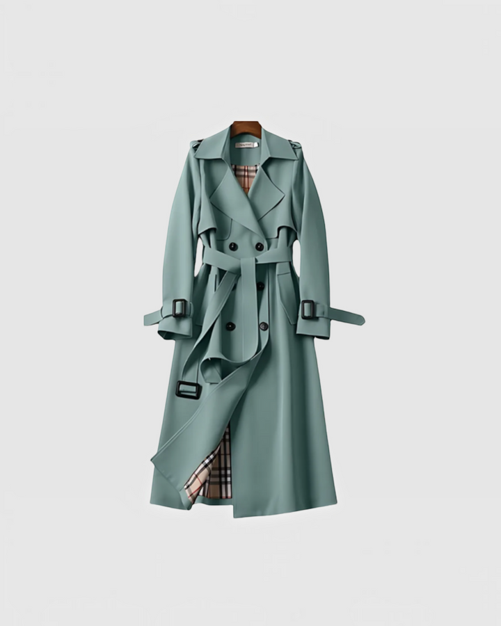 Luna Moda double-breasted trench coat in sage green with a waist belt and classic plaid lining