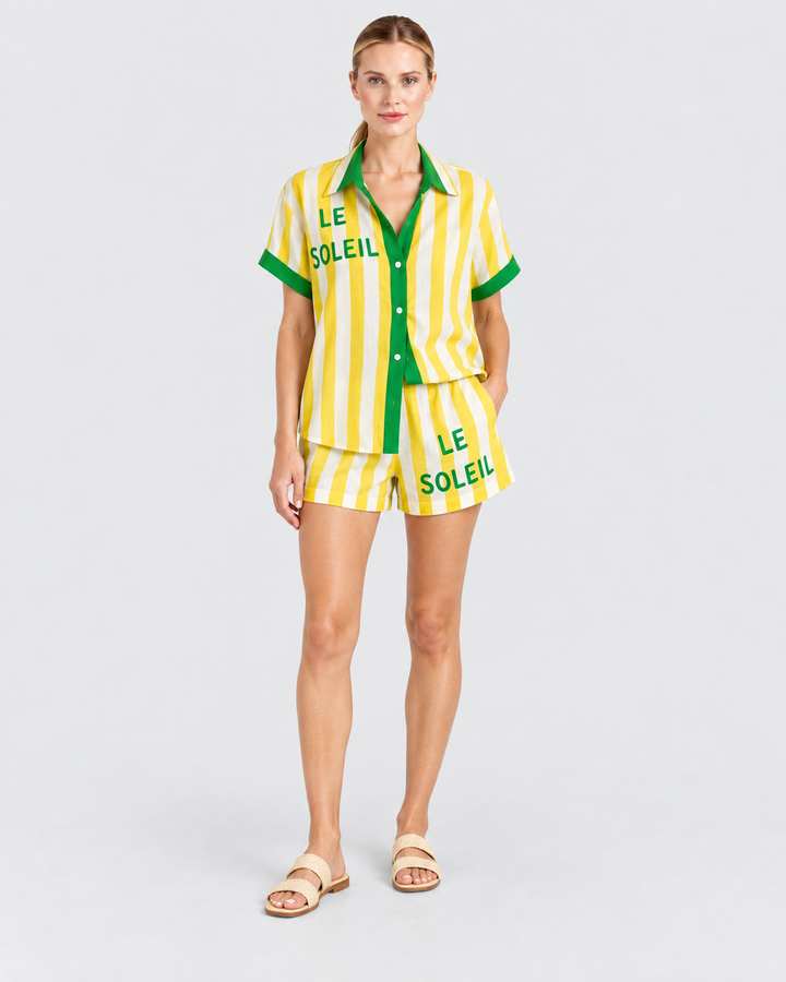 AMALIA – Completo estivo in lino giallo a righe