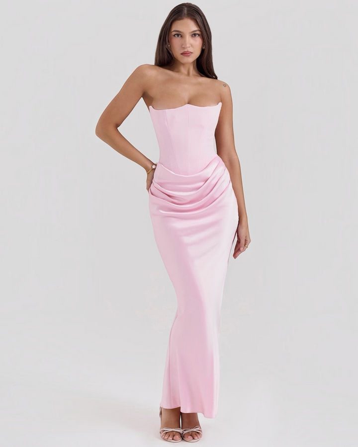 Luna Moda Leilani light pink strapless evening gown with a structured corset bodice and elegant side draping