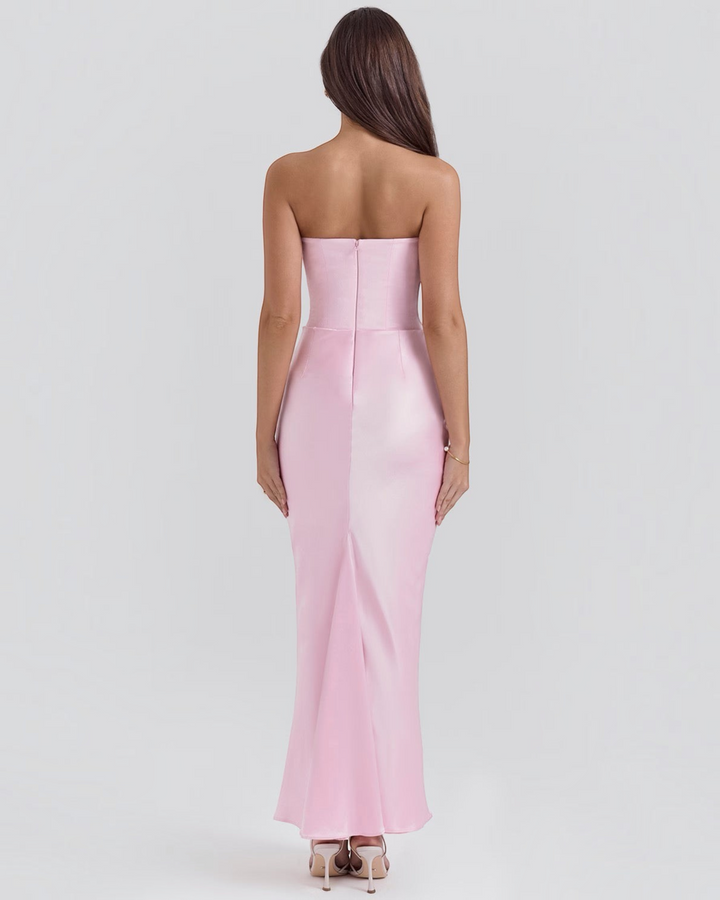 Luna Moda Leilani strapless pink evening gown with a structured bodice and floor-length silhouette, back view.