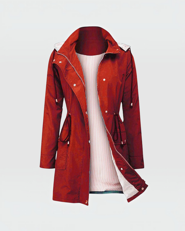 Luna Moda Olimpia lightweight red jacket with adjustable waist, hood, and striped lining for women