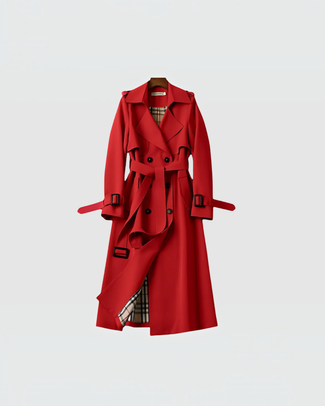 Luna Moda red double-breasted trench coat with a belted waist and classic plaid lining on a hanger