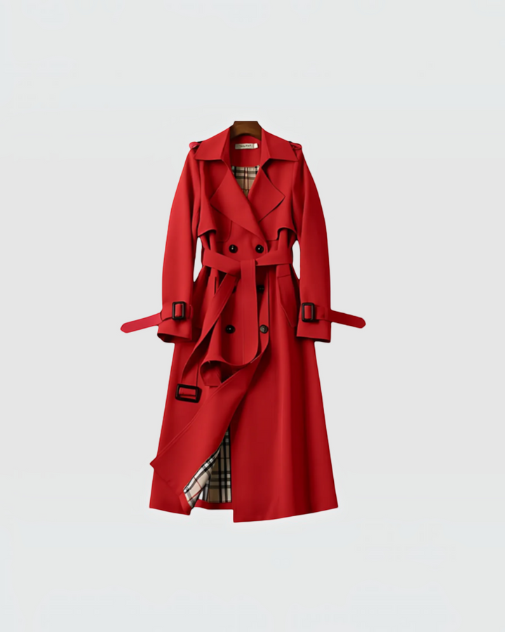 Luna Moda red double-breasted trench coat with a belted waist and classic plaid lining on a hanger