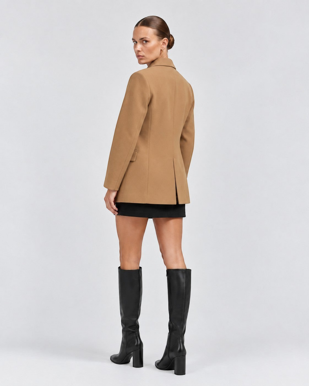 Luna Moda Margarida camel blazer with a classic tailored fit worn by a model with black skirt and knee-high boots