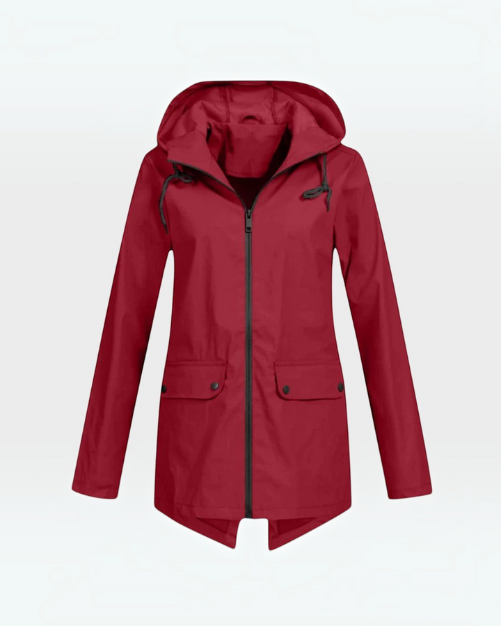 Luna Moda IOLANDA red waterproof breathable jacket with hood and front zipper closure
