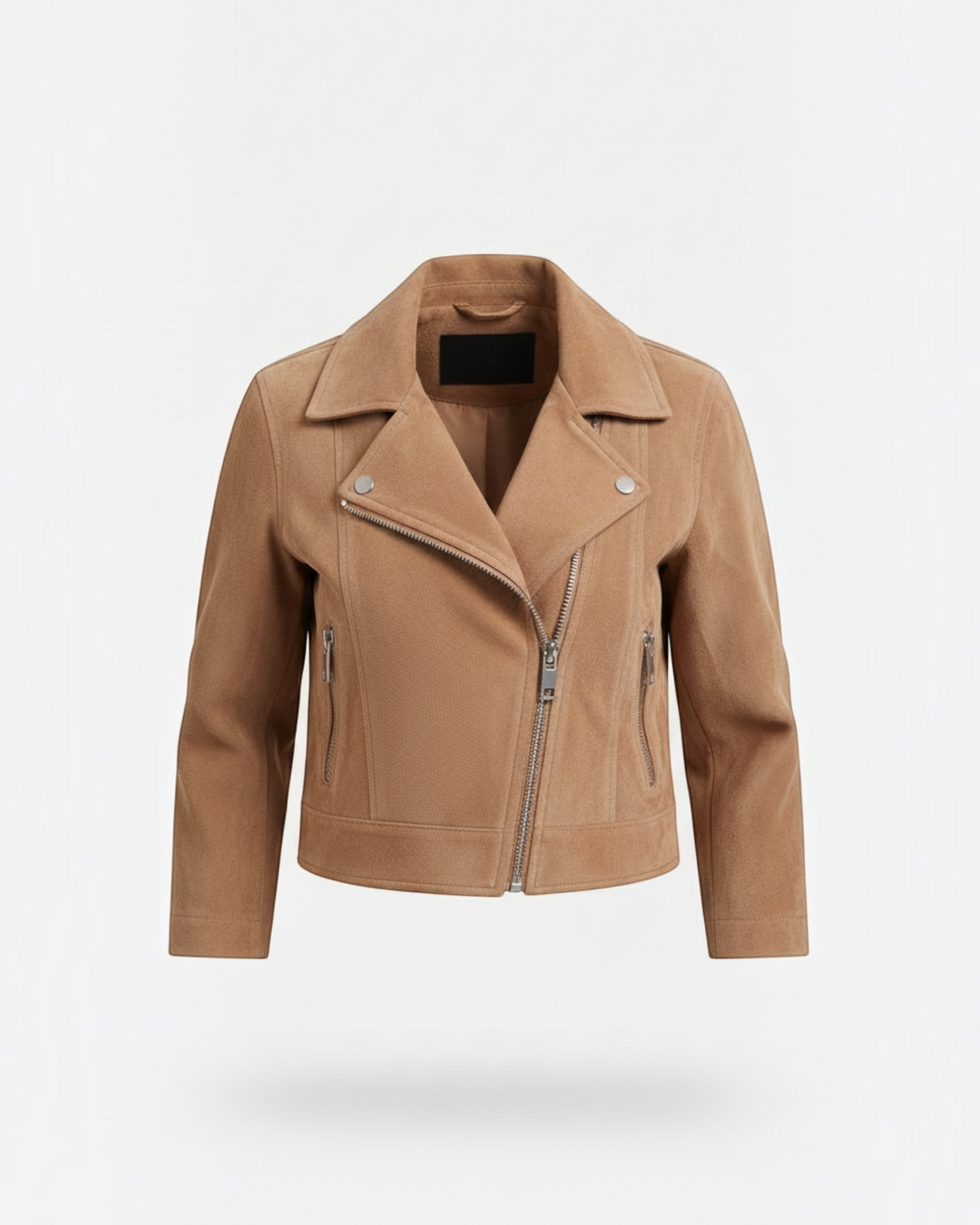 Luna Moda tan suede biker jacket with silver zippers and wide collar, perfect for spring layering.