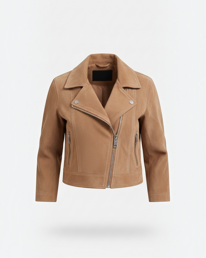 Luna Moda tan suede biker jacket with silver zippers and wide collar, perfect for spring layering.