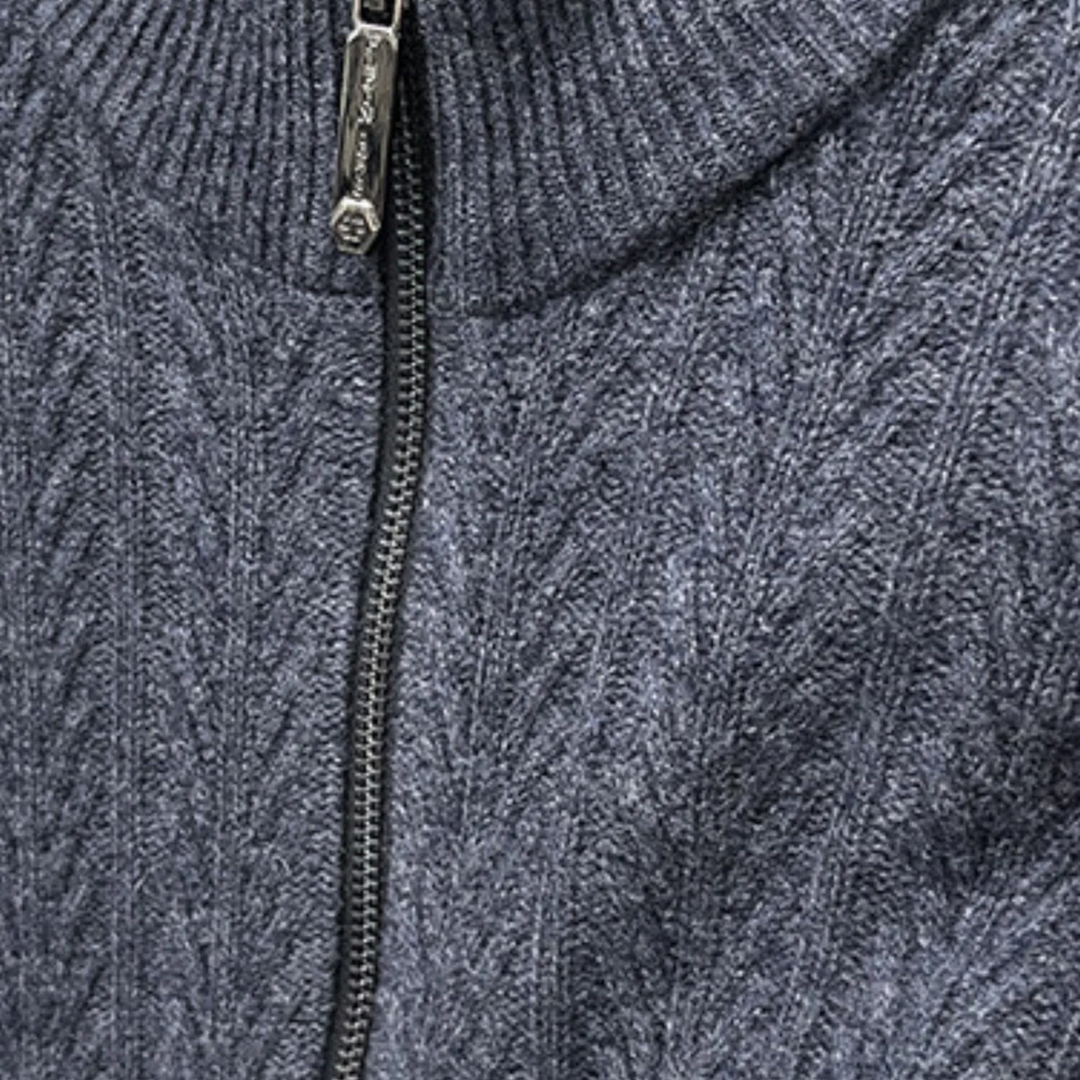 Luna Moda Regalia charcoal grey pure wool sweater featuring a ribbed texture and a smooth front zip closure