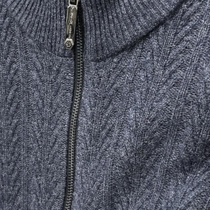 Luna Moda Regalia charcoal grey pure wool sweater featuring a ribbed texture and a smooth front zip closure