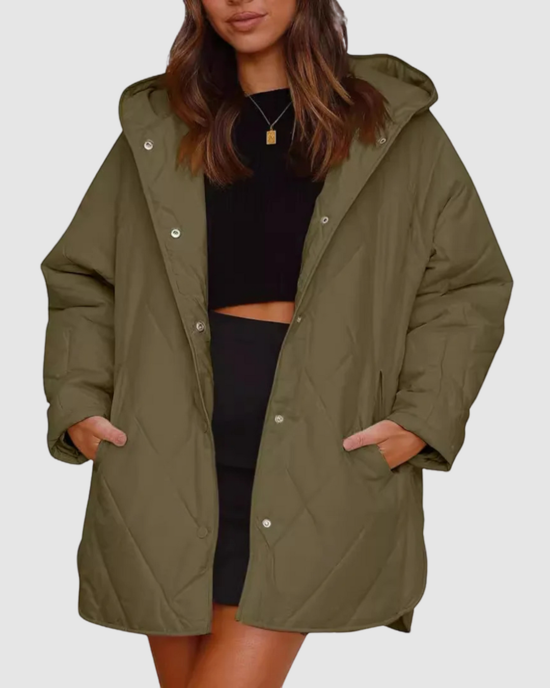 CRISTIANA, cappotto trapuntato con cappuccio, indossato – Luna Moda