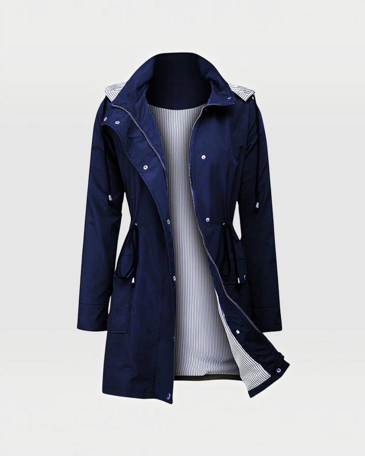 Luna Moda Olimpia lightweight navy blue jacket with adjustable waist, hood, and striped interior lining