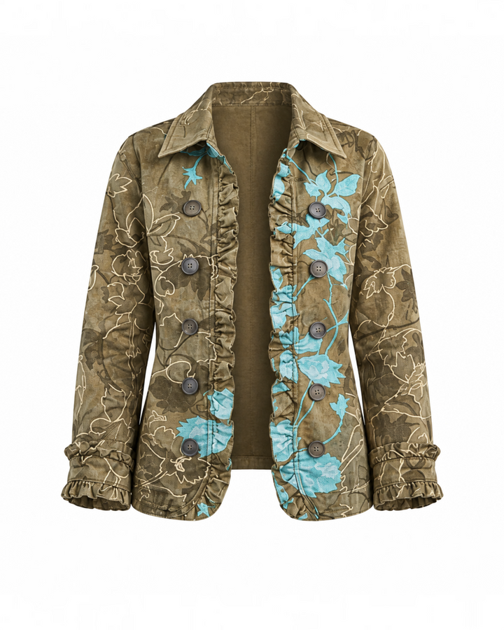 Luna Moda Renata vintage-style olive green jacket with floral print, ruffled lace trim, and double-breasted buttons.