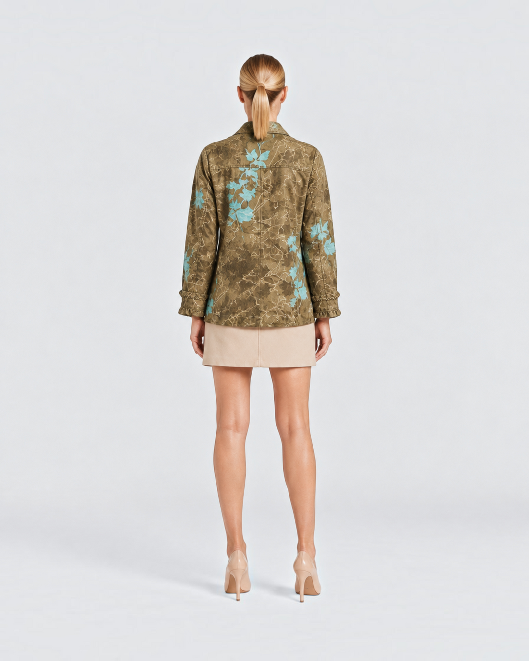 Luna Moda Renata vintage style olive green floral jacket with lace trim details worn by a model from behind