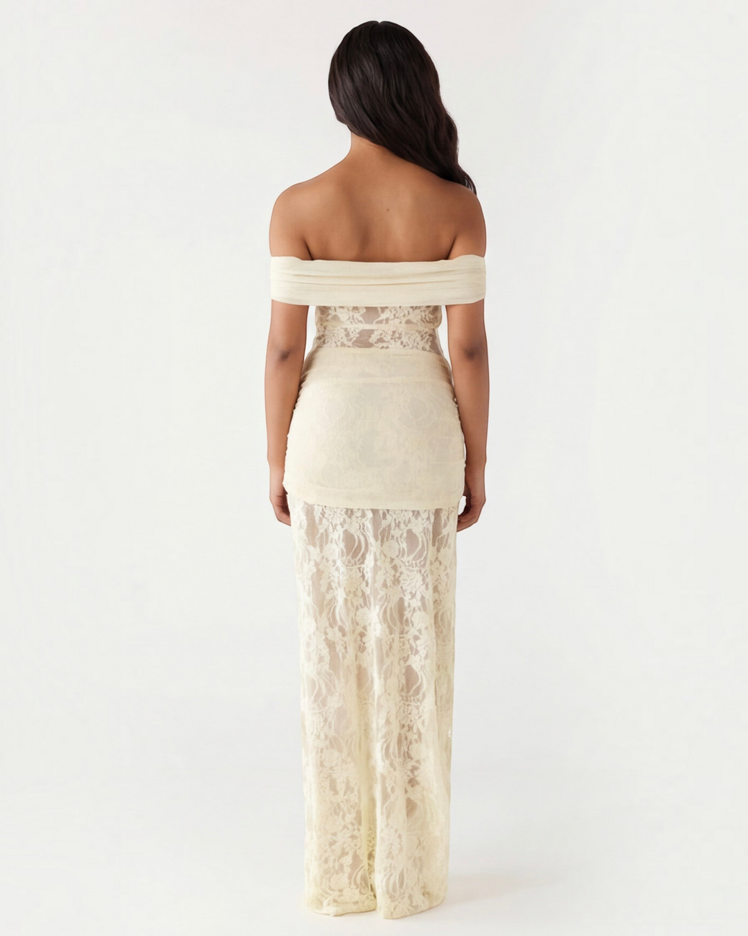 Luna Moda off-the-shoulder cream lace maxi dress with sheer panels and draped waist, back view on a model.