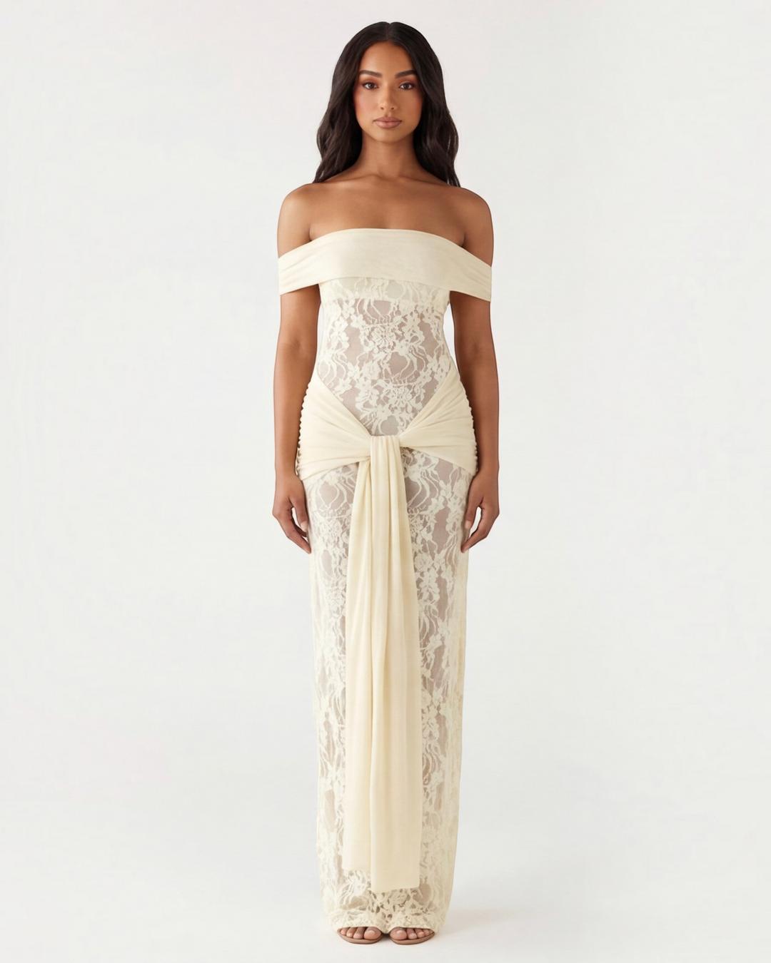 Luna Moda off-the-shoulder cream lace maxi dress with sheer panels and draped waist detail on a model