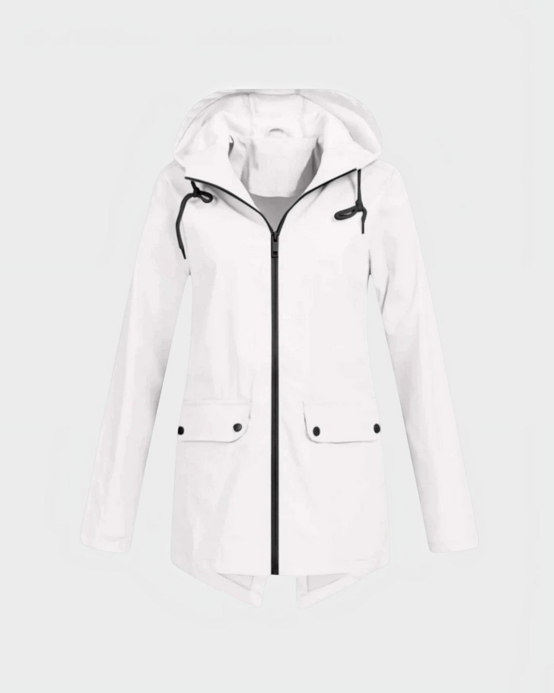 Luna Moda IOLANDA white waterproof breathable jacket with hood, black zipper, and front pockets.
