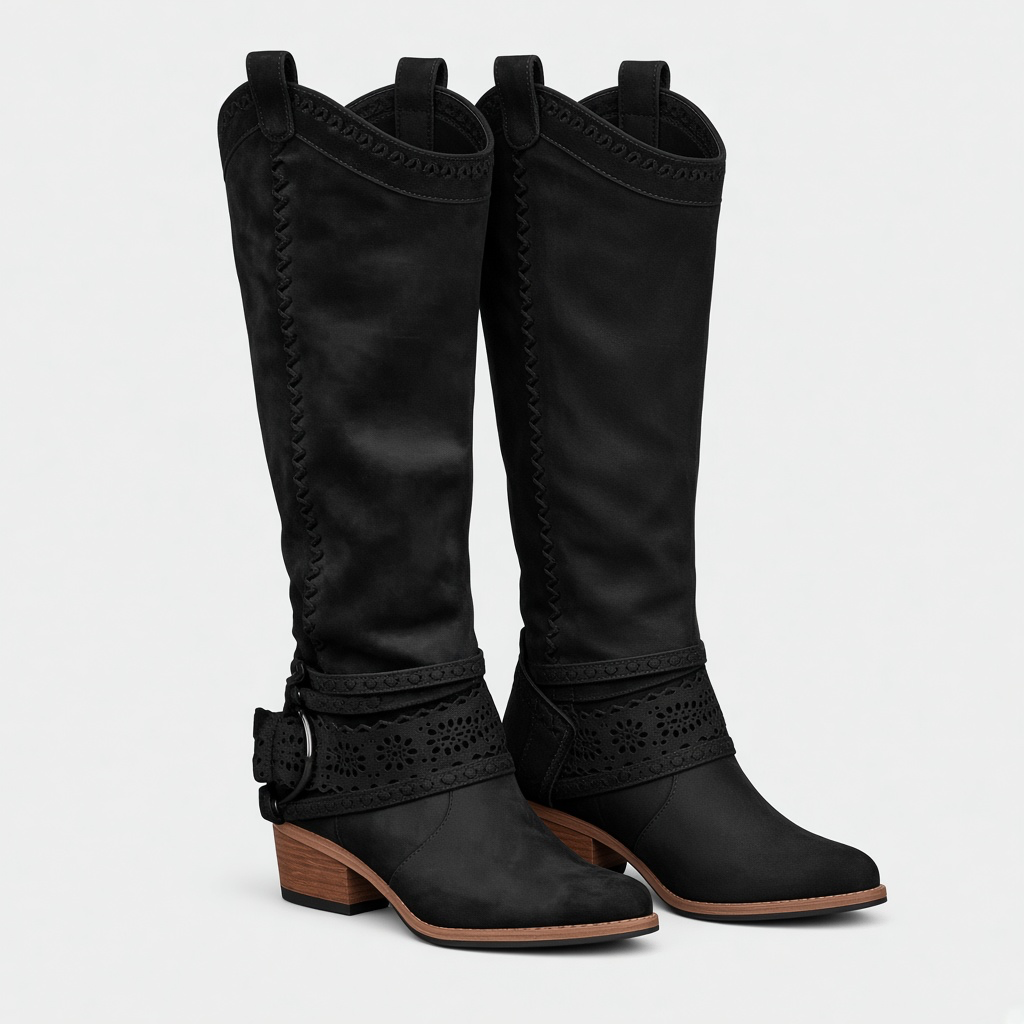 Luna Moda black suede cowboy boots with decorative buckles, intricate laser-cut details, and stable low block heels.