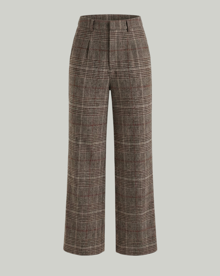 Luna Moda high-waisted wide-leg trousers in a classic brown plaid pattern for a sophisticated office look.